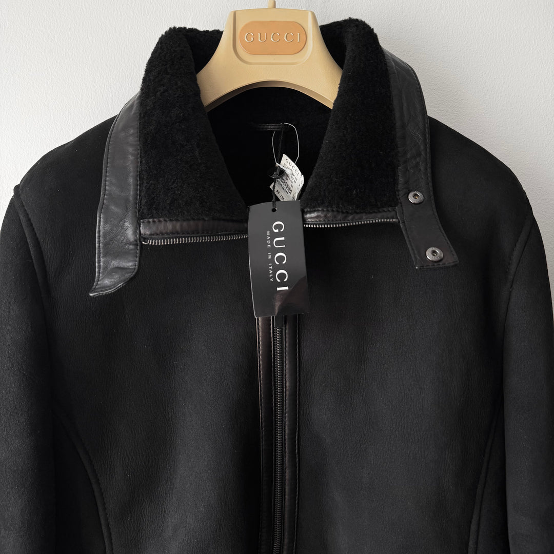 Gucci By Tom Ford FW2000 Black Suede/Leather Shearling High Neck Cropped Biker Jacket