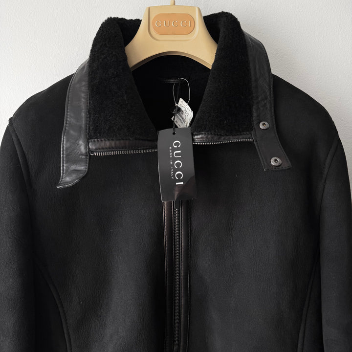 Gucci By Tom Ford FW2000 Black Suede/Leather Shearling High Neck Cropped Biker Jacket