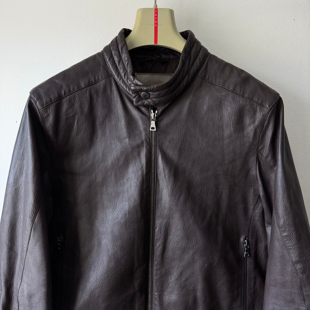 Prada Linea Rossa SS2001 Brown Café Racer Leather Jacket
