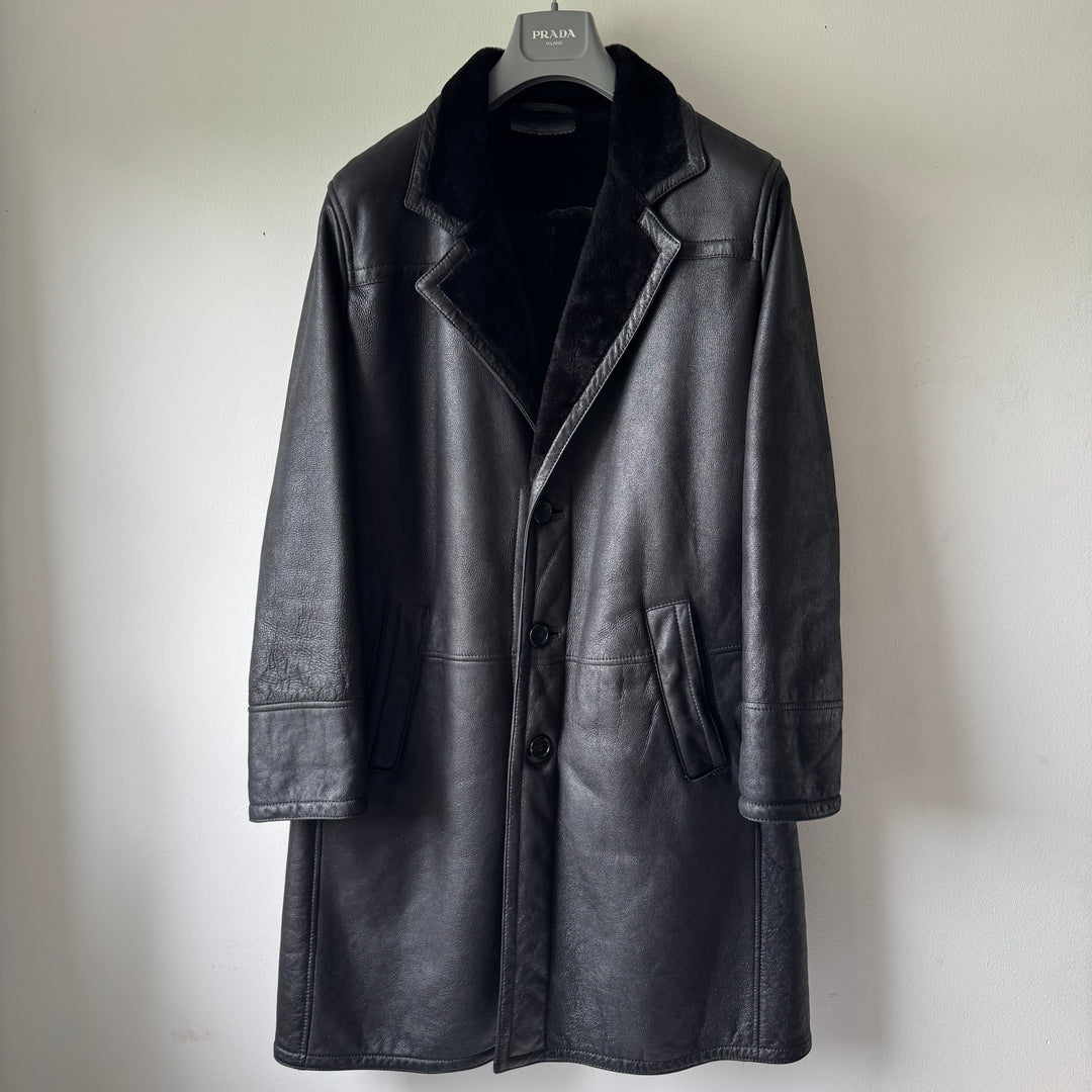 Prada FW2002 Black Long Shearling Leather Coat