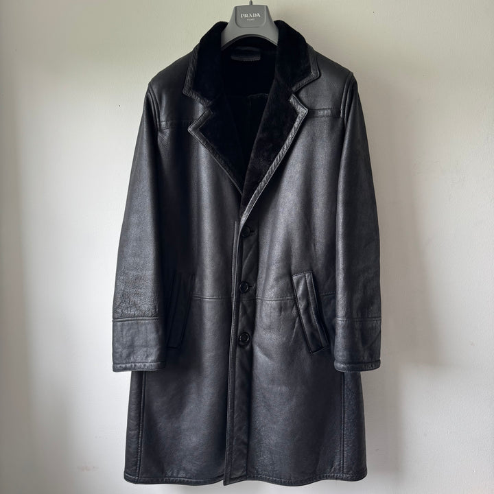 Prada FW2002 Black Long Shearling Leather Coat