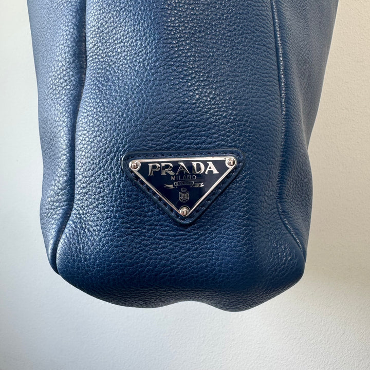 Prada Blue Triangle Logo Nappa Leather Large Tote Bag