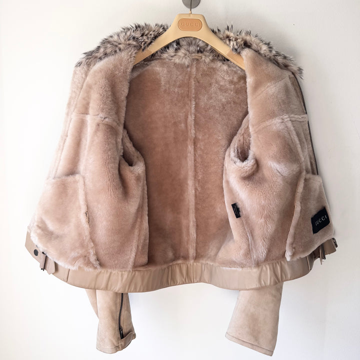 Gucci By Tom Ford 2000's Fox Fur Collar Shearling Leather Bomber Jacket