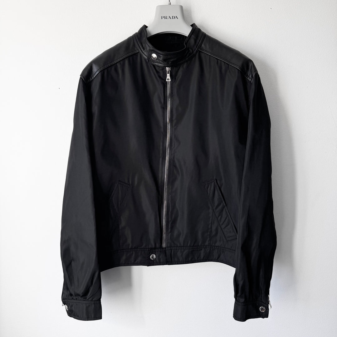 Prada 1990’s Black Hybrid Nylon Leather Cafe Racer Biker Jacket