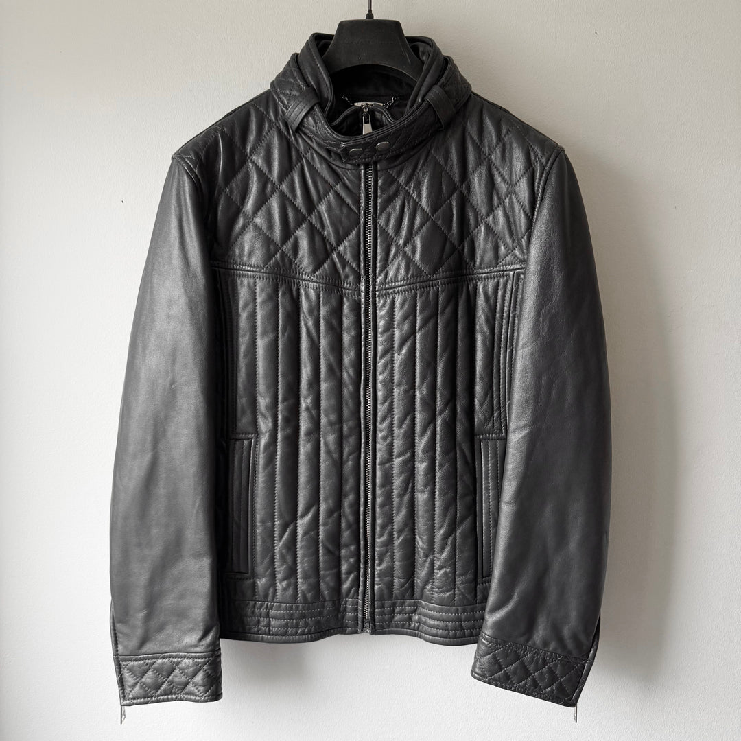 Dolce & Gabbana FW2007 Charcoal Quilted Padded Lamb Leather Café Racer Jacket