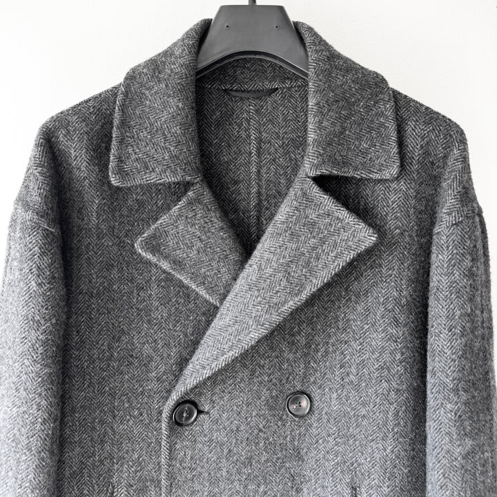 Jil Sander By Raf Simons AW2009 Gray Herringbone Wool Double Breasted Peacoat