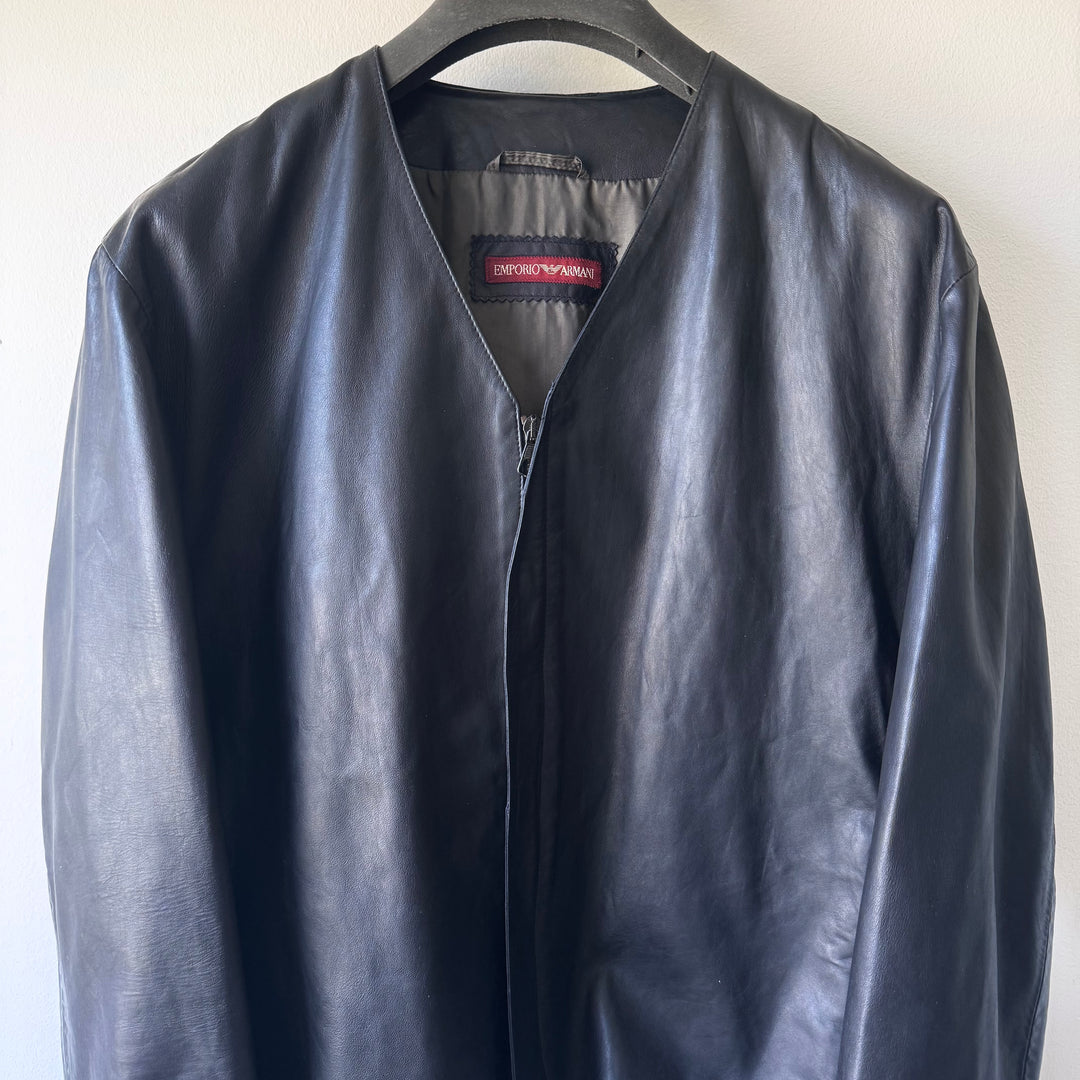 Emporio Armani 1980’s Navy Collarless Cropped Lamb Leather Jacket