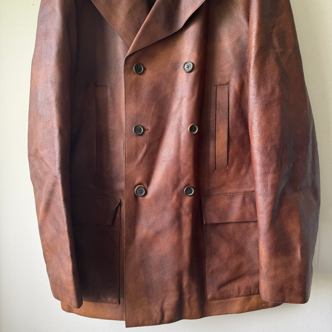 Prada 2000’s Double Breasted Patina Leather Overcoat Jacket
