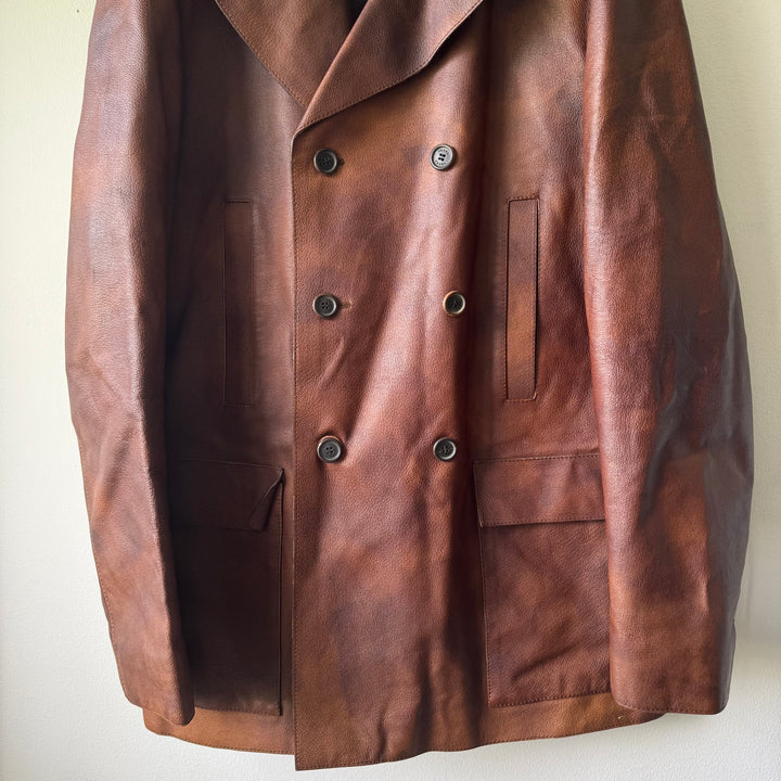 Prada 2000’s Double Breasted Patina Leather Overcoat Jacket