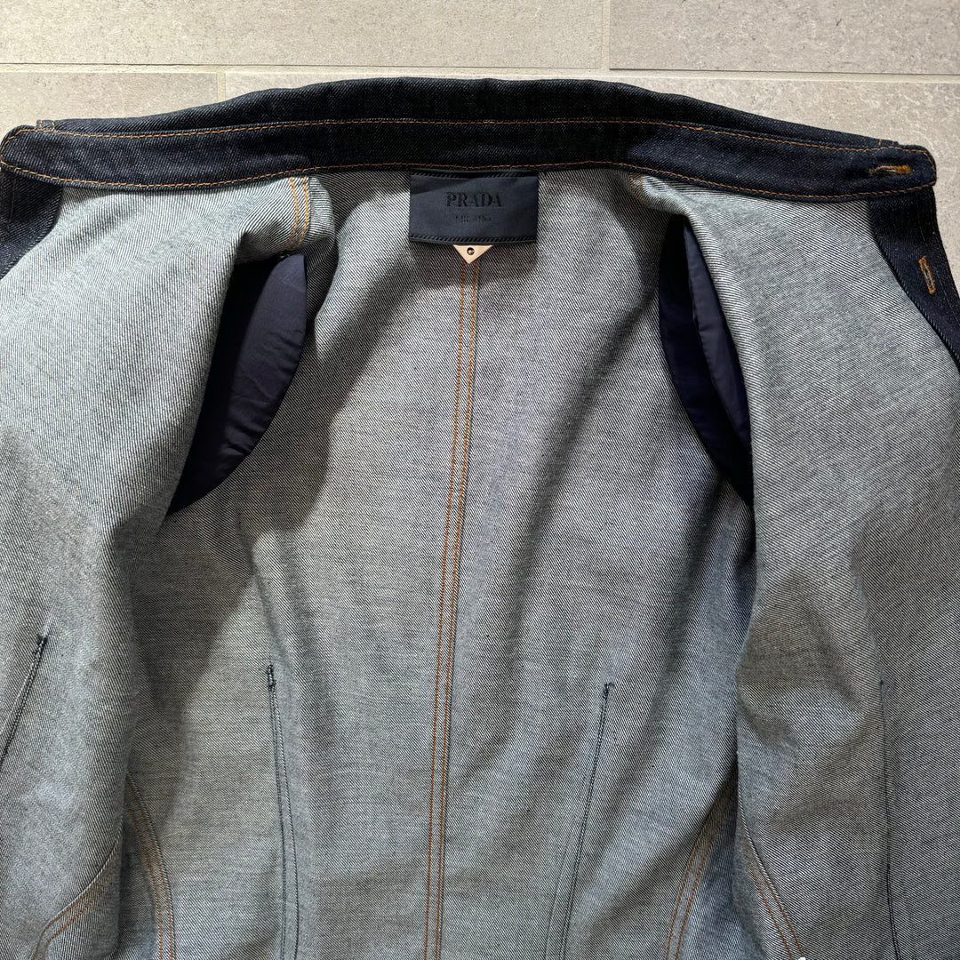 Prada SS24 Runway Padded Shoulder Indigo Logo Denim Jacket
