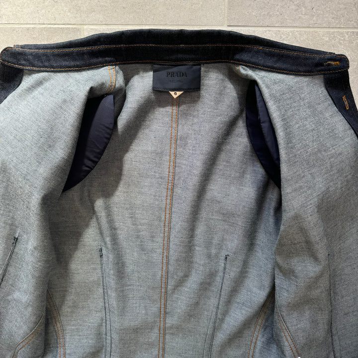 Prada SS24 Runway Padded Shoulder Indigo Logo Denim Jacket