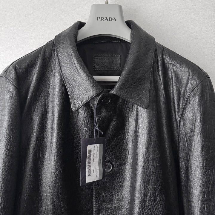 Prada FW2003 Black Textured ”Crocodile” Embossed Leather Coat