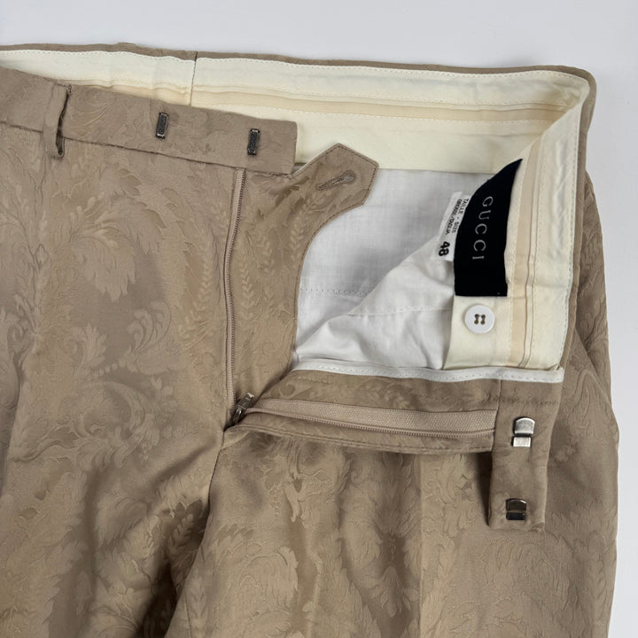 Gucci By Tom Ford SS2000 Champagne Beige Silk Damask Flared Bootcut Pants