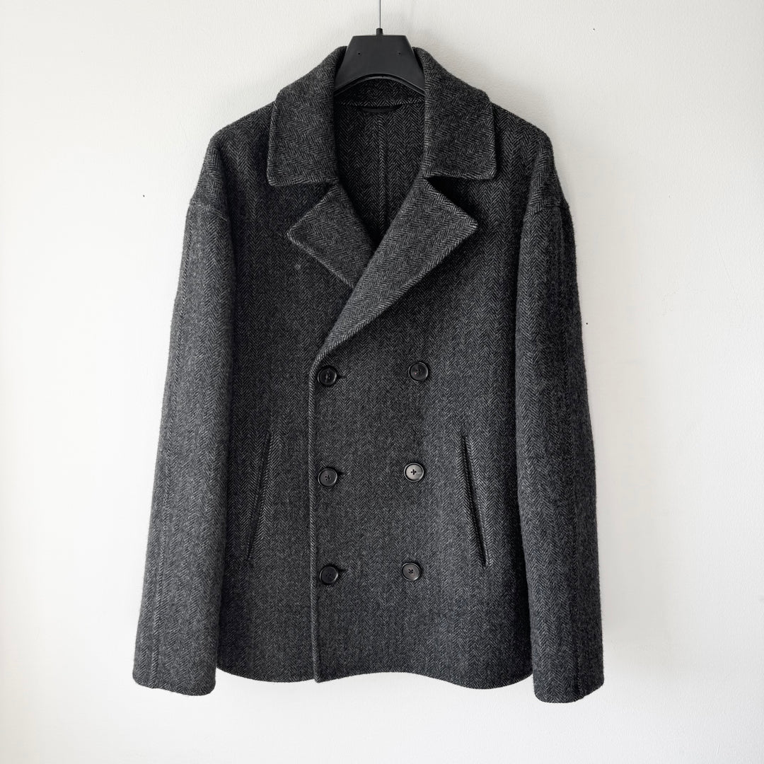 Jil Sander By Raf Simons AW2009 Gray Herringbone Wool Double Breasted Peacoat