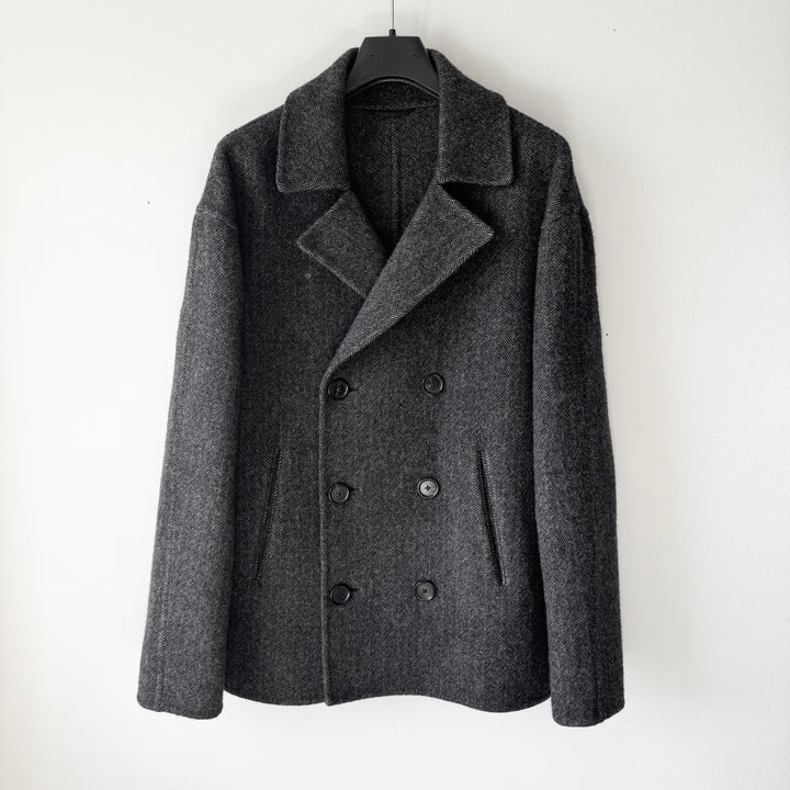 Jil Sander By Raf Simons AW2009 Gray Herringbone Wool Double Breasted Peacoat