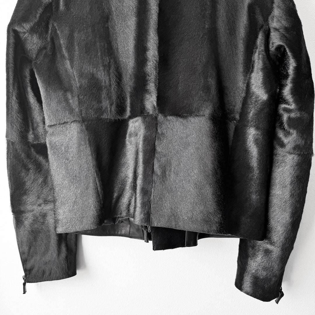 Emporio Armani AW2012 Black ”Pony Hair” Asymmetrical 2-Zip Calf Leather Jacket