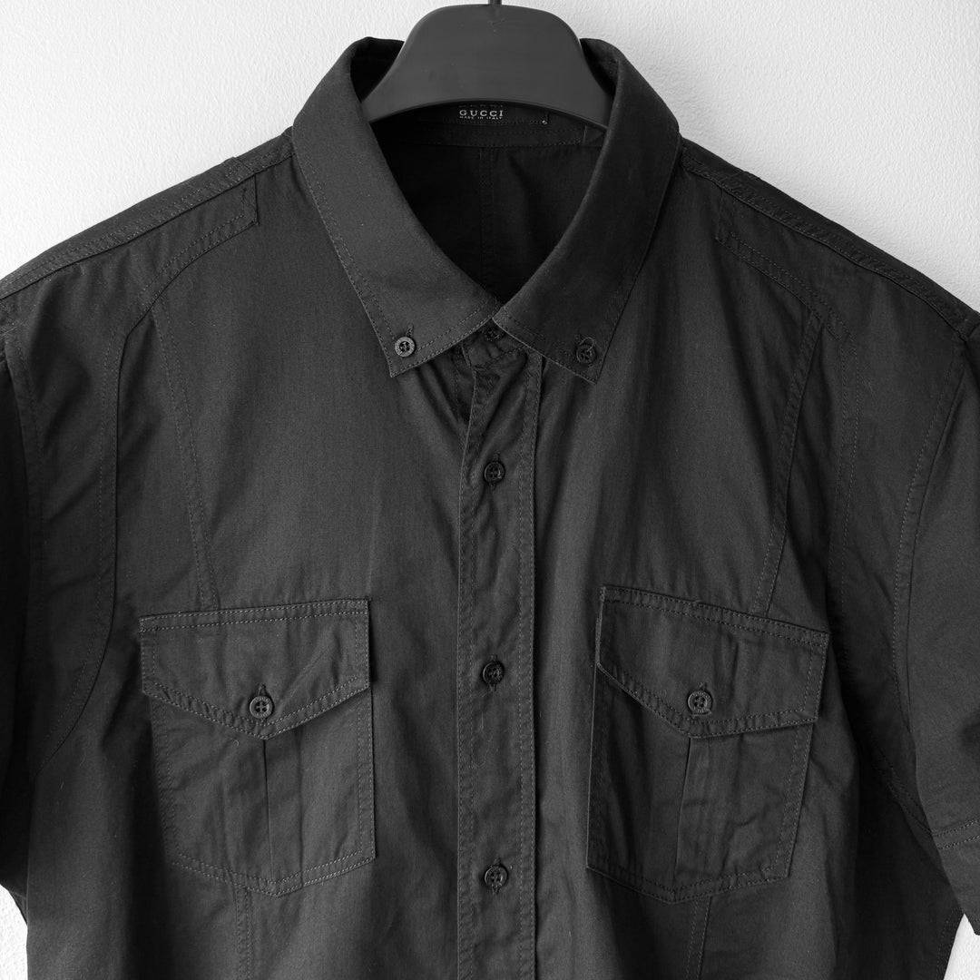 Gucci 2000’s Black Cotton Military Short Sleeve Button-Up Shirt