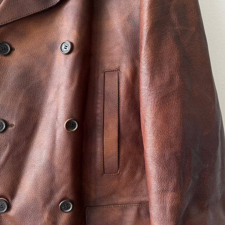 Prada 2000’s Double Breasted Patina Leather Overcoat Jacket