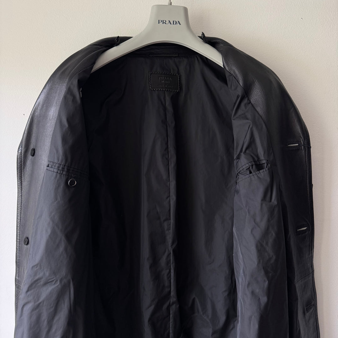 Prada FW2006 Black Lined Button-Up Leather Overcoat Jacket