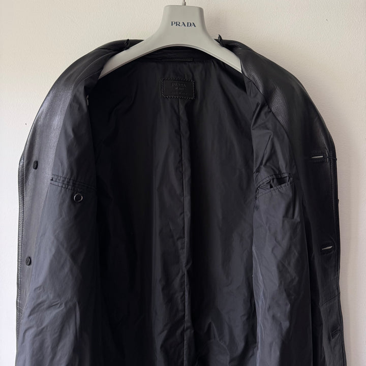 Prada FW2006 Black Lined Button-Up Leather Overcoat Jacket