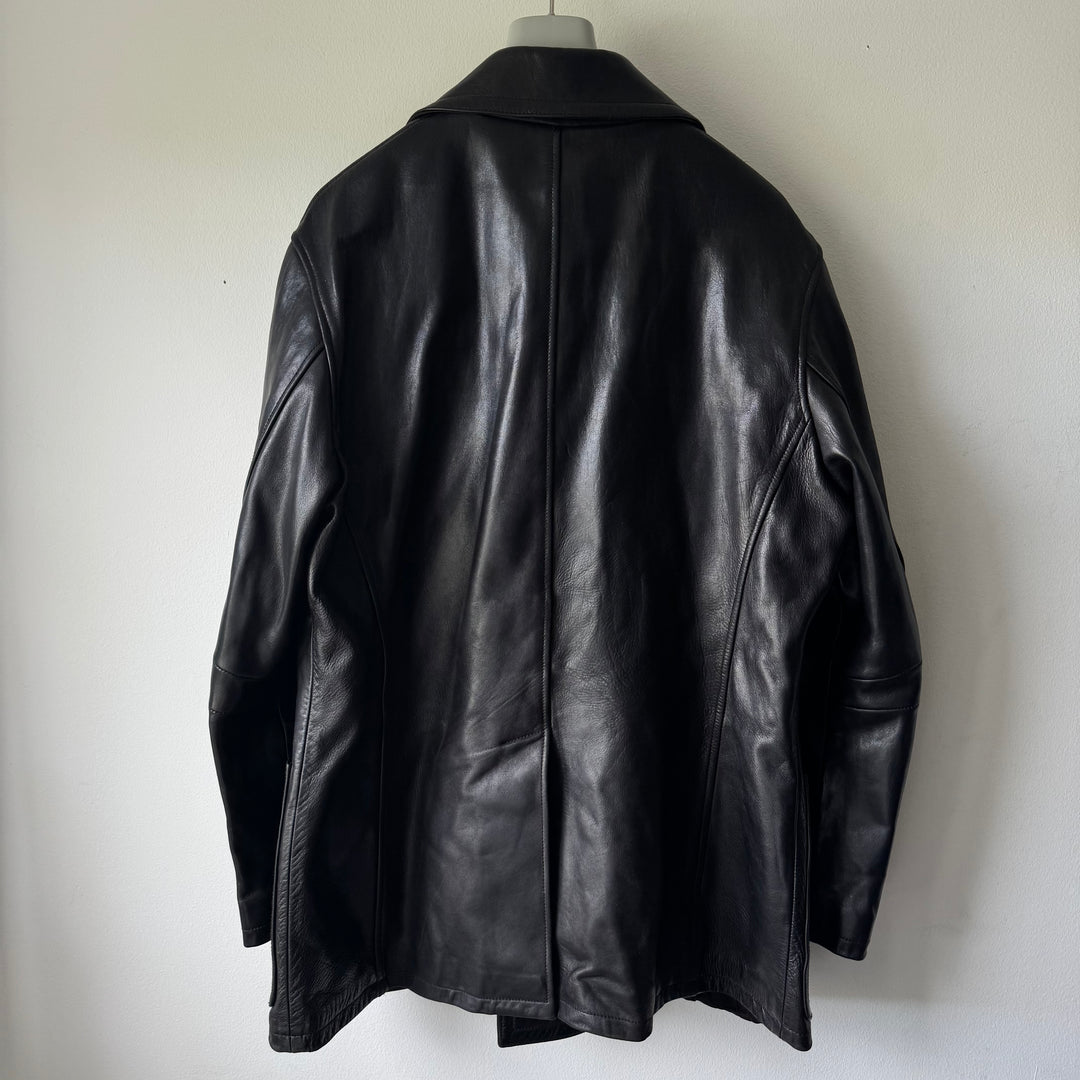 Prada 1990's Black Calf Leather 4-Pocket Double Breasted Peacoat Jacket