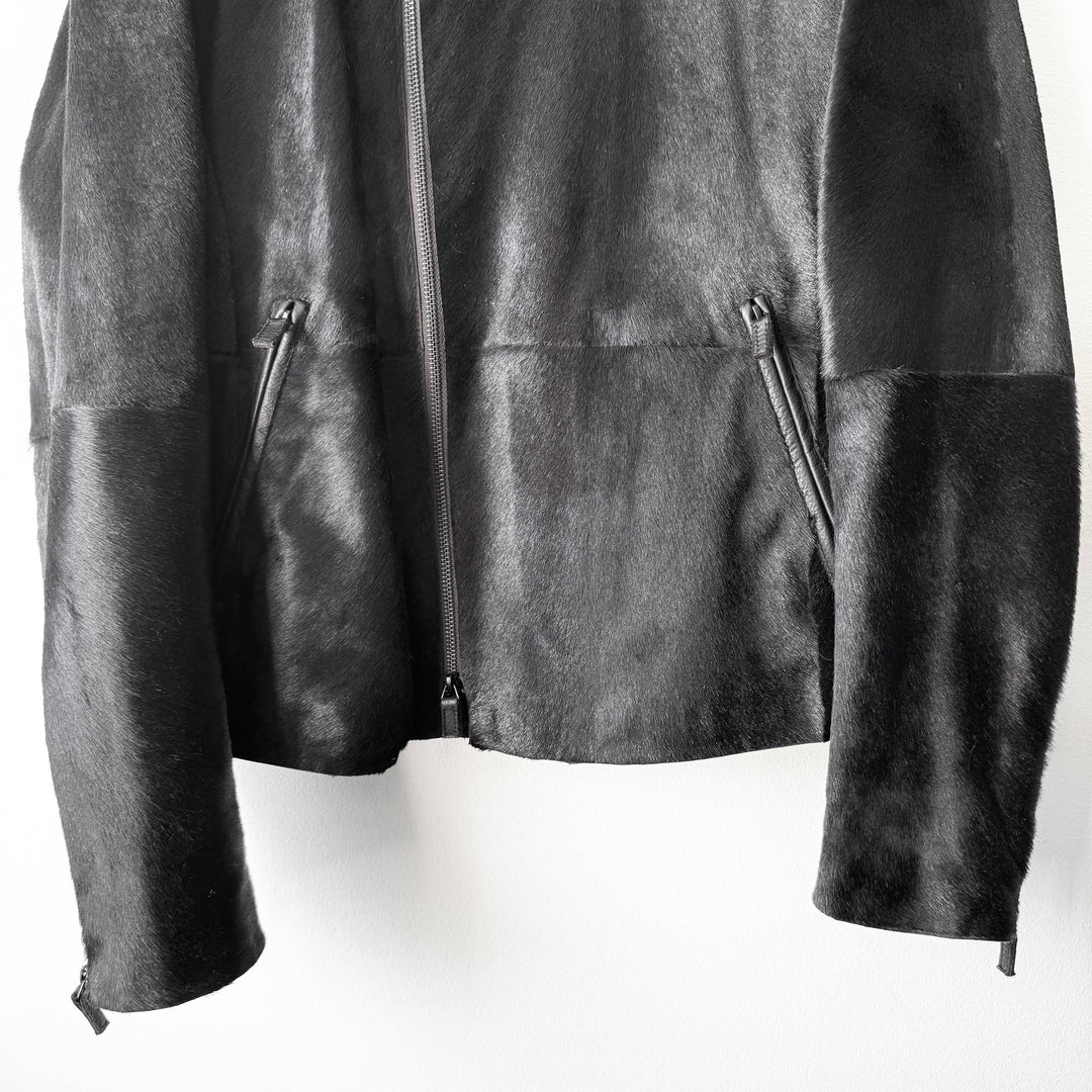 Emporio Armani AW2012 Black ”Pony Hair” Asymmetrical 2-Zip Calf Leather Jacket