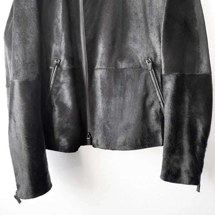 Emporio Armani AW2012 Black ”Pony Hair” Asymmetrical 2-Zip Calf Leather Jacket