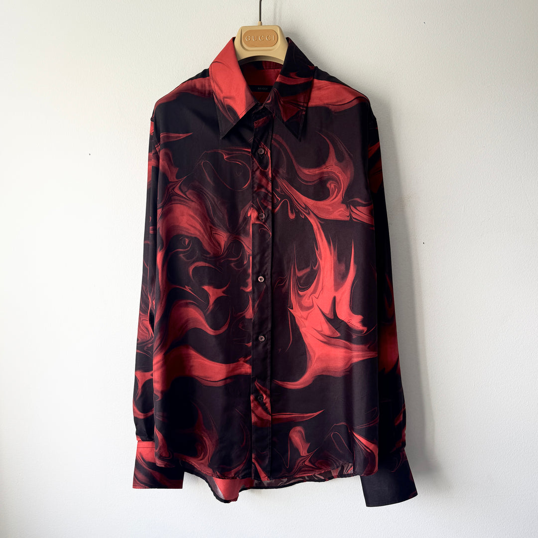 Gucci By Tom Ford SS2001 Red/Black Silk Magma Print Button Up Shirt