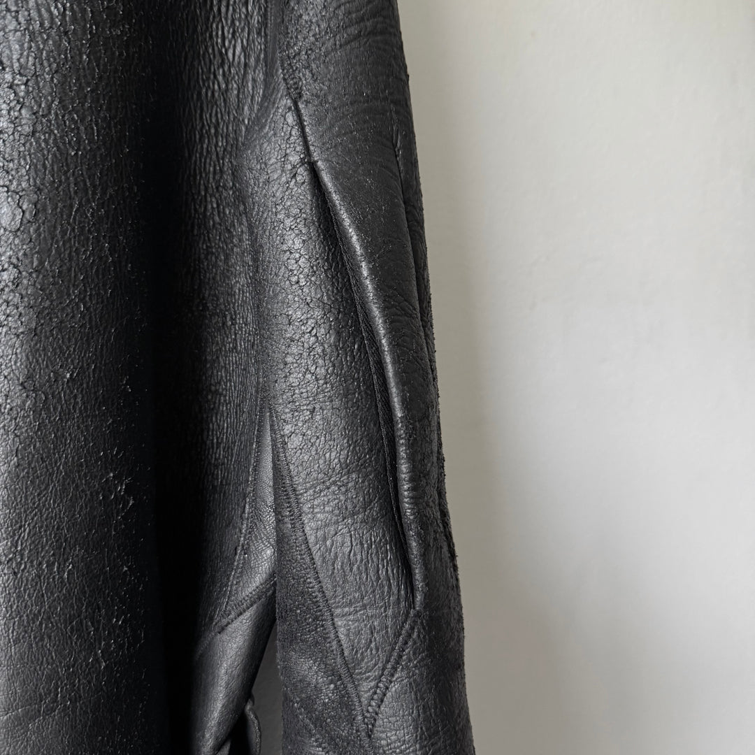 Rick Owens FW2010 Black Neoprene Padded Blistered Lamb Leather Belted Jacket Coat