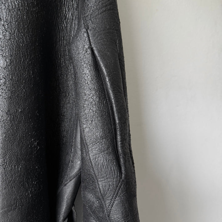 Rick Owens FW2010 Black Neoprene Padded Blistered Lamb Leather Belted Jacket Coat