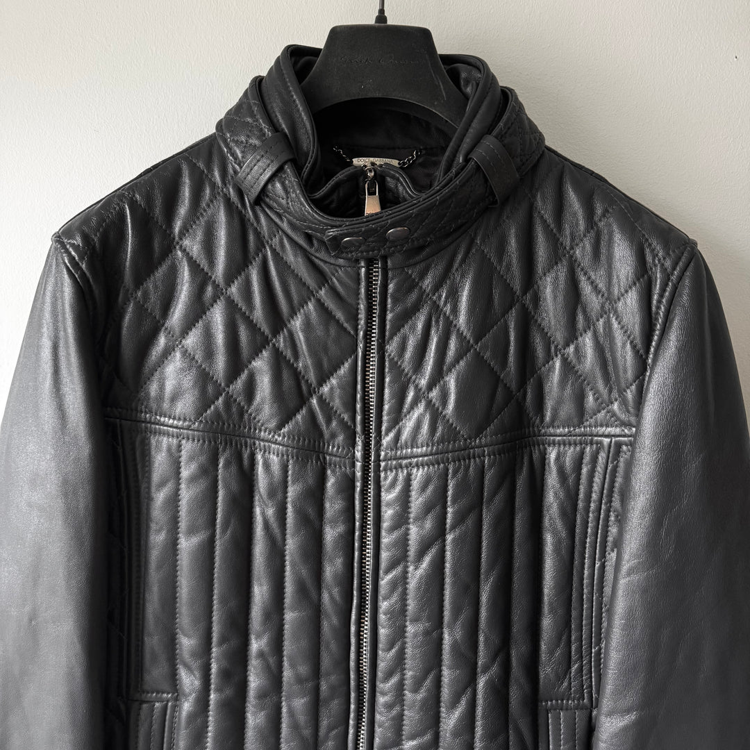 Dolce & Gabbana FW2007 Charcoal Quilted Padded Lamb Leather Café Racer Jacket