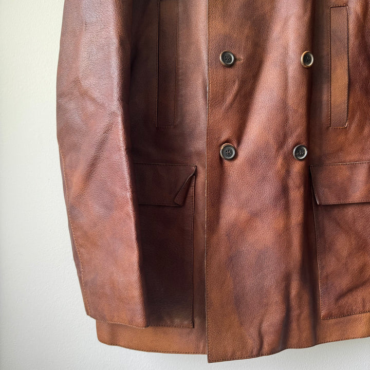 Prada 2000’s Double Breasted Patina Leather Overcoat Jacket