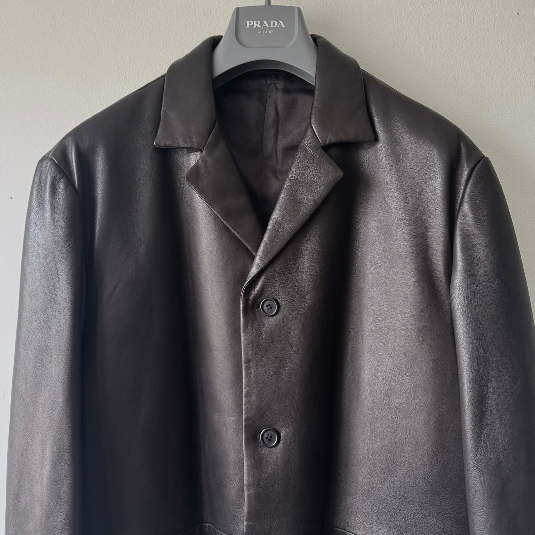 Prada FW1998 Silk Lined Button-Up Leather Overcoat Jacket