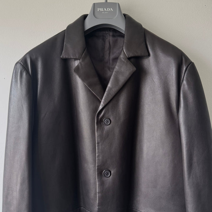 Prada FW1998 Silk Lined Button-Up Leather Overcoat Jacket