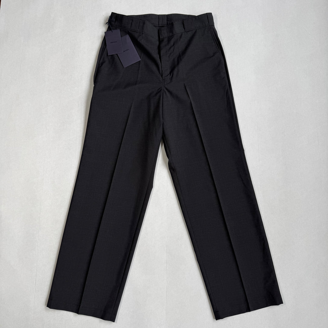 Prada 2022 Mainline Dark Gray Wide Fine Wool Logo Pants