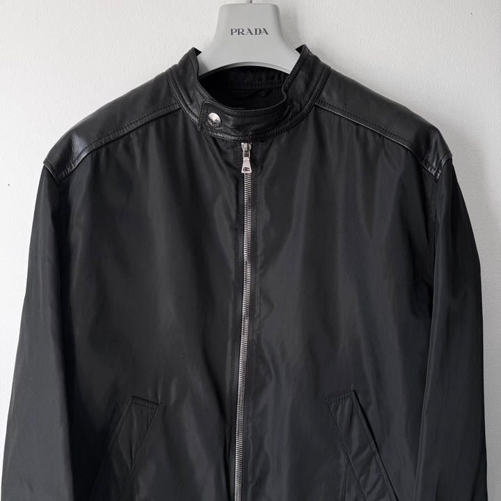 Prada 1990’s Black Hybrid Nylon Leather Cafe Racer Biker Jacket