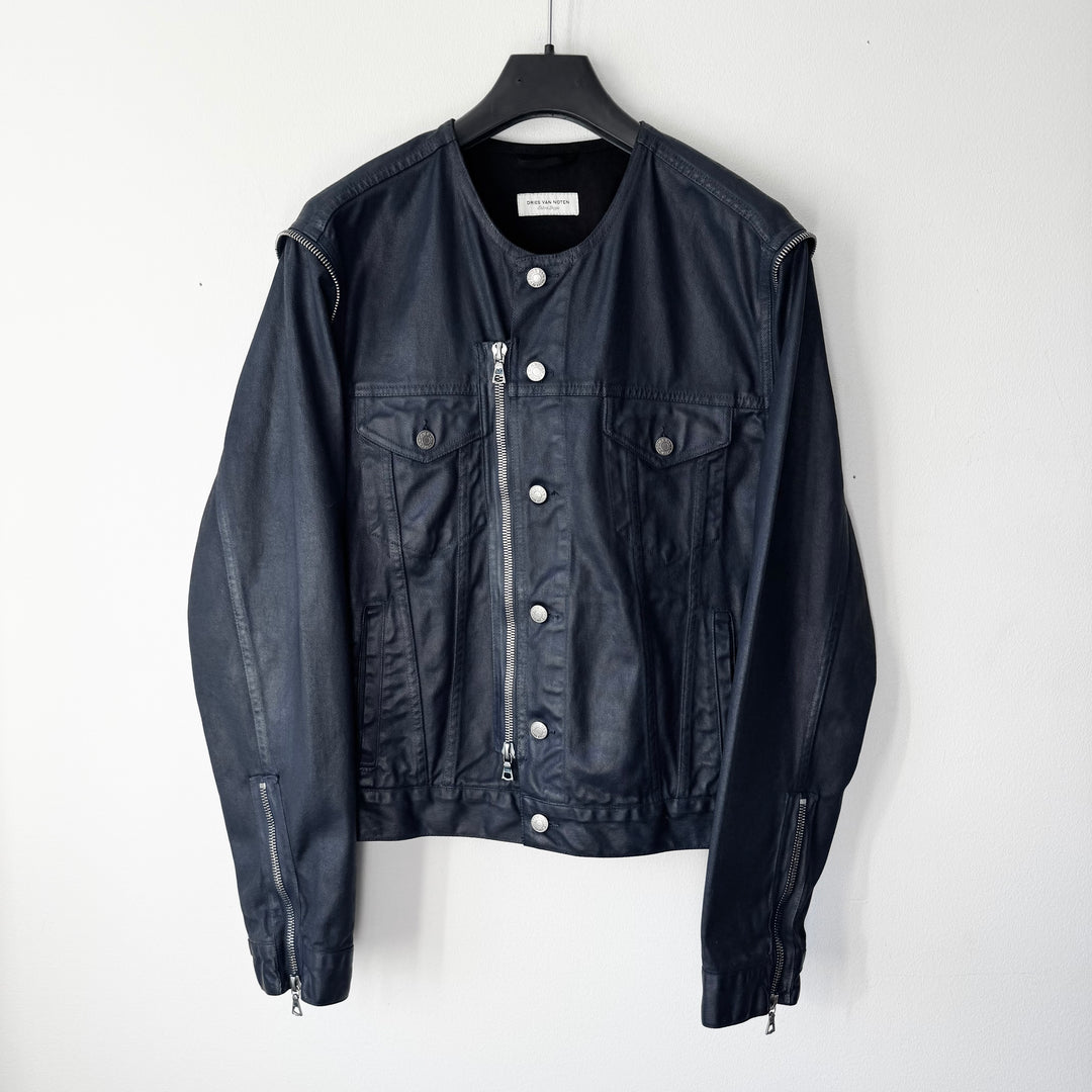 Dries Van Noten AW2014 Black/Navy Waxed Zip-Sleeves Denim Jacket