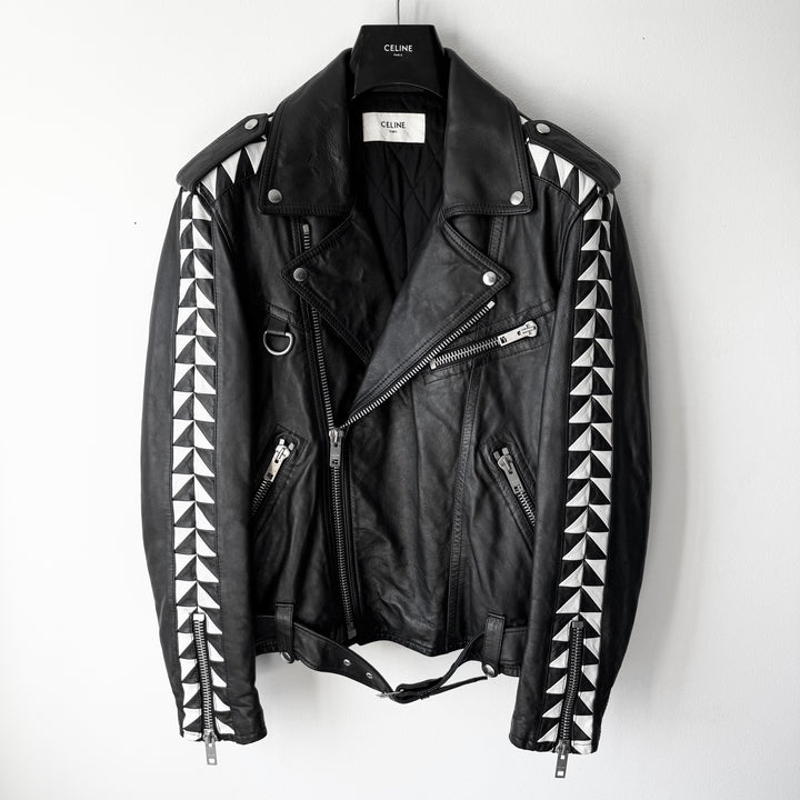 Celine SS2022 Black/White Checkered Calf Leather D-Ring Perfecto Biker Jacket