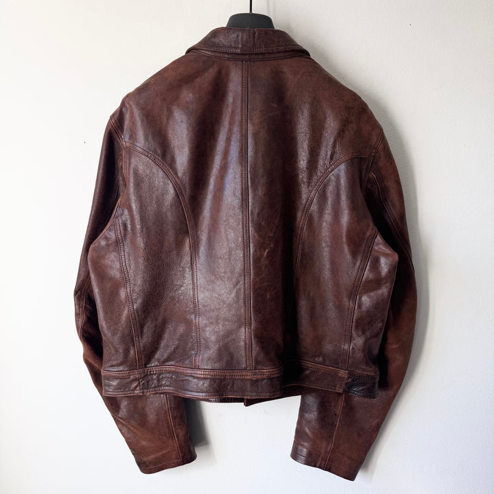 Emporio Armani 1980’s Brown Cracked Leather Perfecto Biker Jacket