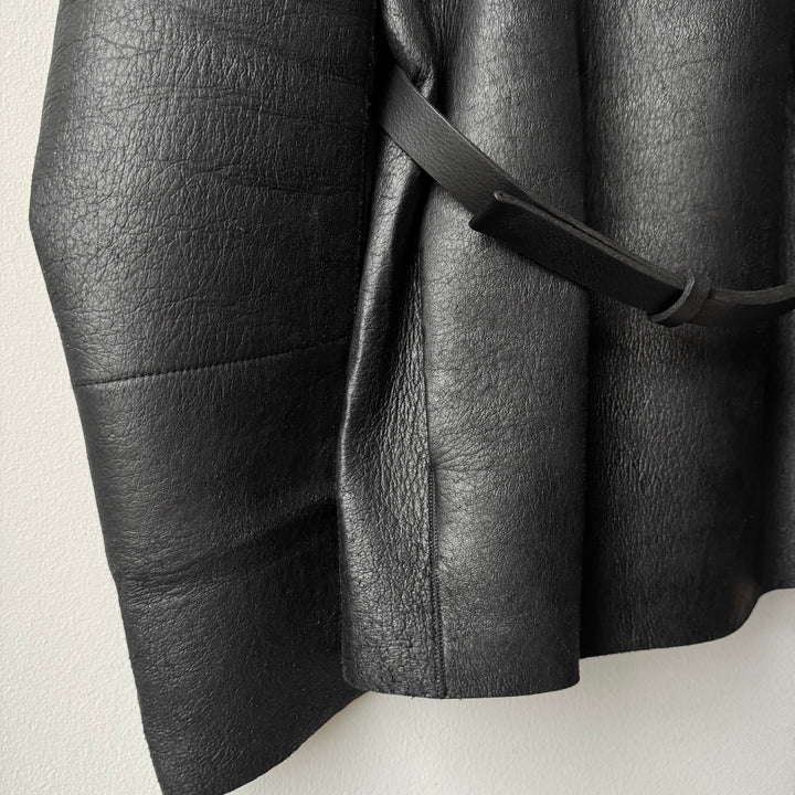 Rick Owens FW2010 Black Neoprene Padded Blistered Lamb Leather Belted Jacket Coat