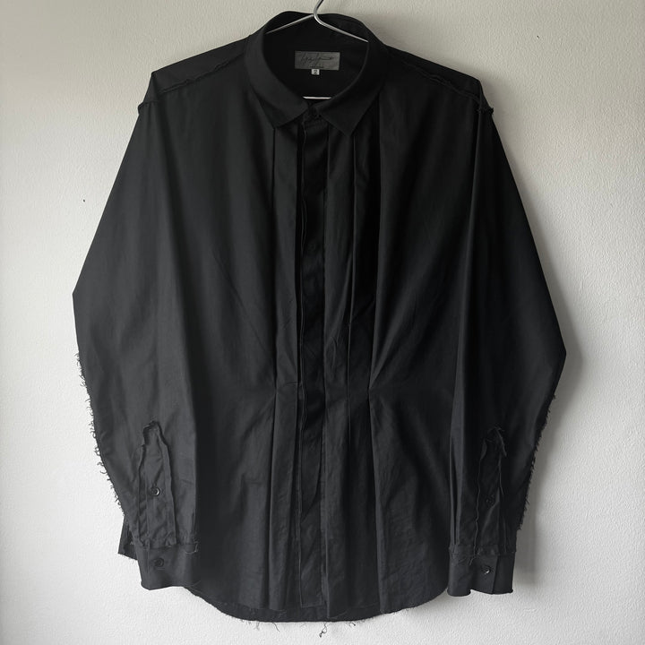 Yohji Yamamoto Black Cotton Pleated Front Raw Edge Button-Up Shirt