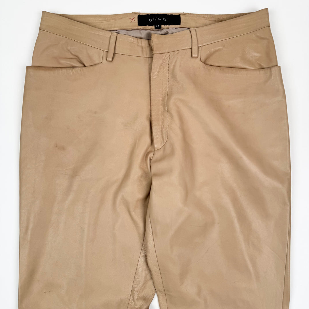 Gucci By Tom Ford SS2000 Beige Flared Bootcut Leather Pants