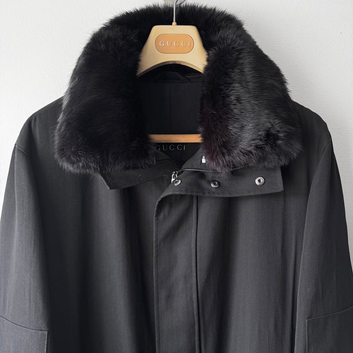 Gucci By Tom Ford FW1999 Black Wool Fur Collar High Neck Coat