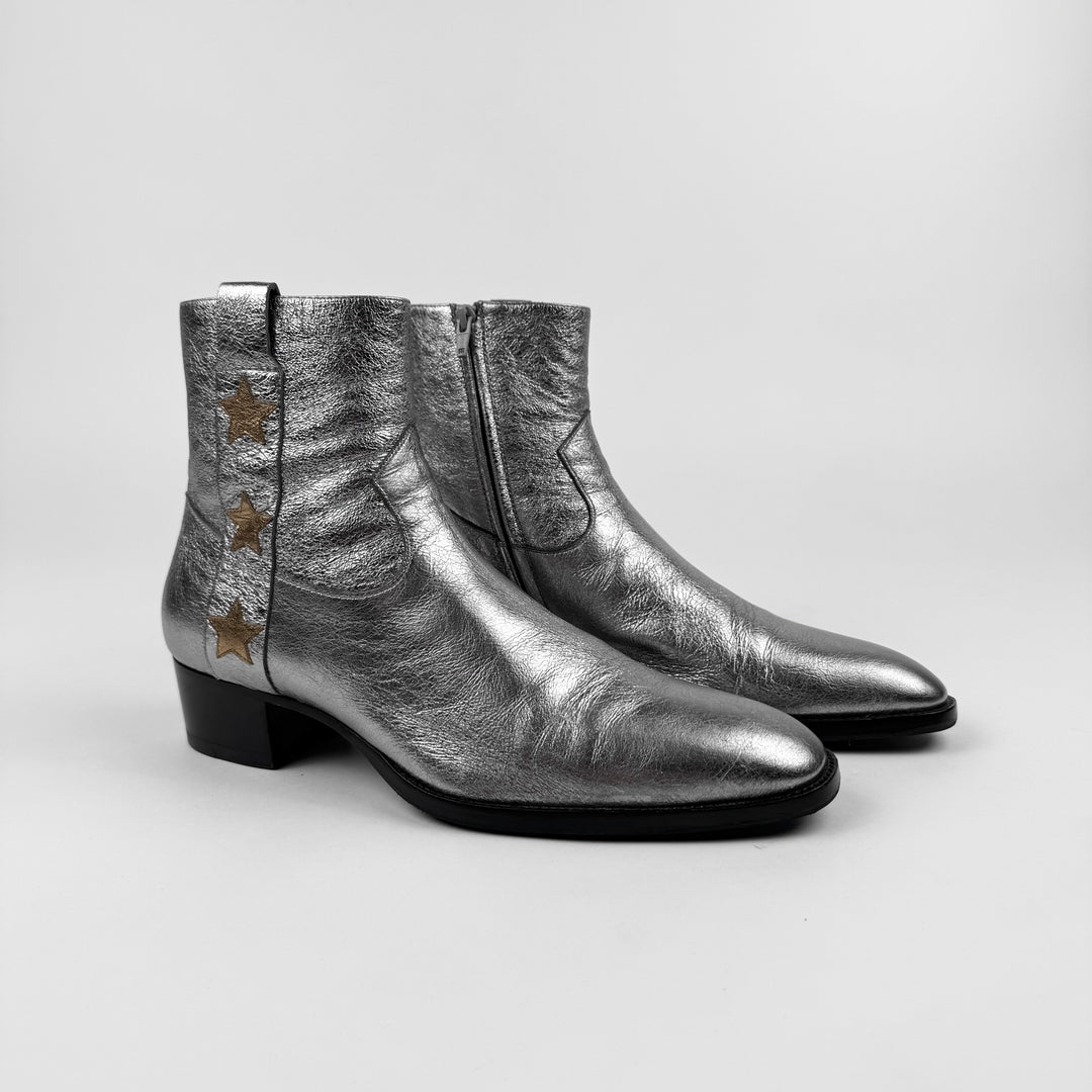 Saint Laurent SS2015 Psych Rock Metallic Silver/Gold Star Wyatt Boots