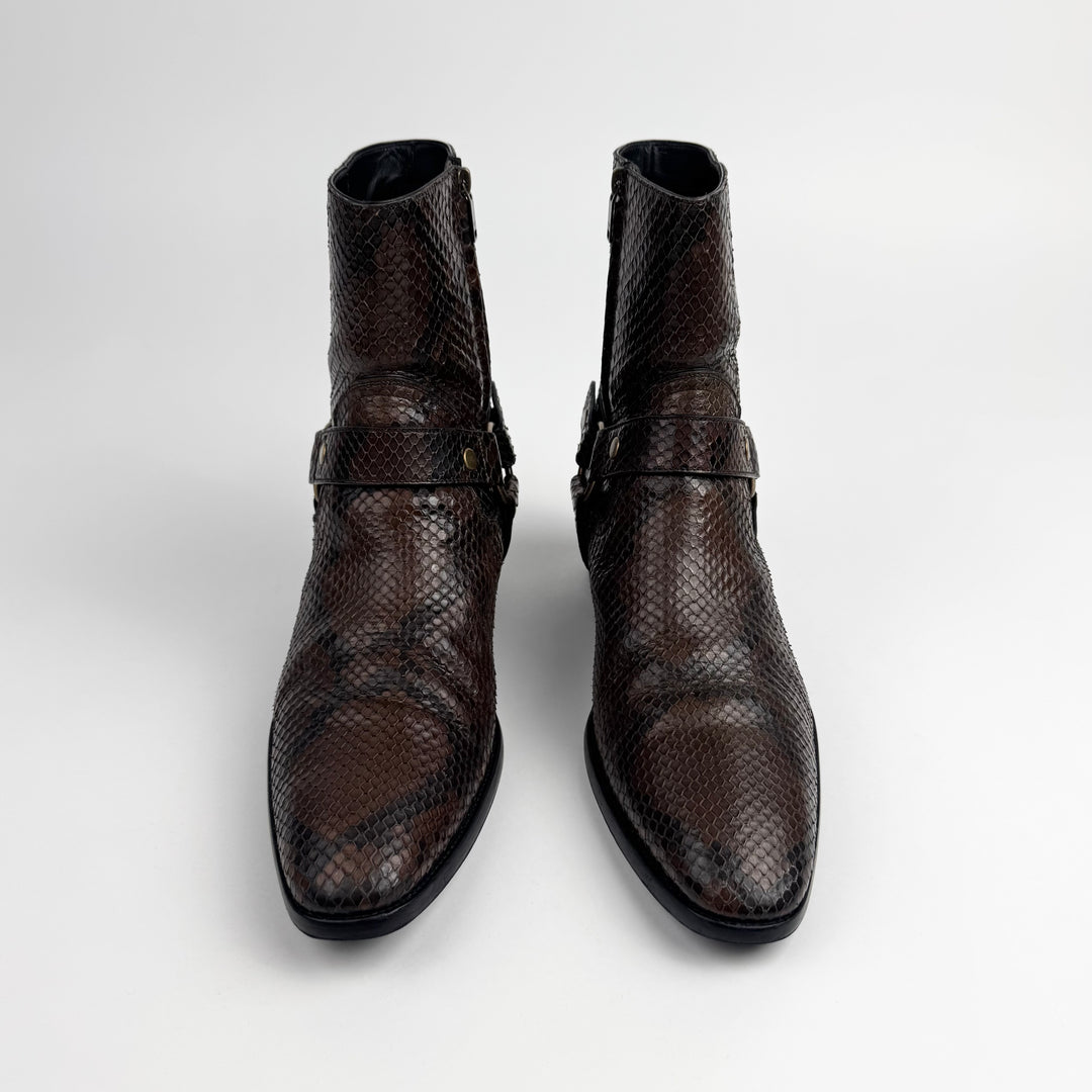 Saint Laurent By Hedi Slimane FW2016 Brown Python Leather Wyatt Harness Boots