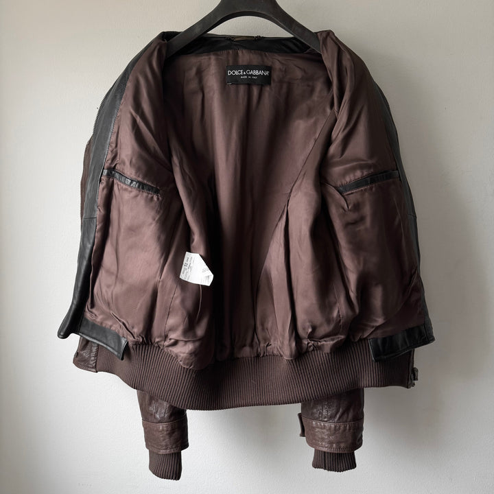 Dolce & Gabbana FW2005 Brown/Black Double Layered Military Bomber Lamb Leather Jacket