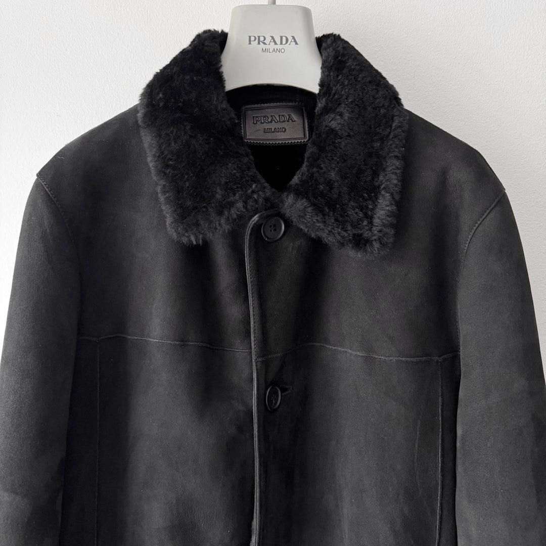 Prada FW2011 Black Sheep Shearling Leather Short Car Coat