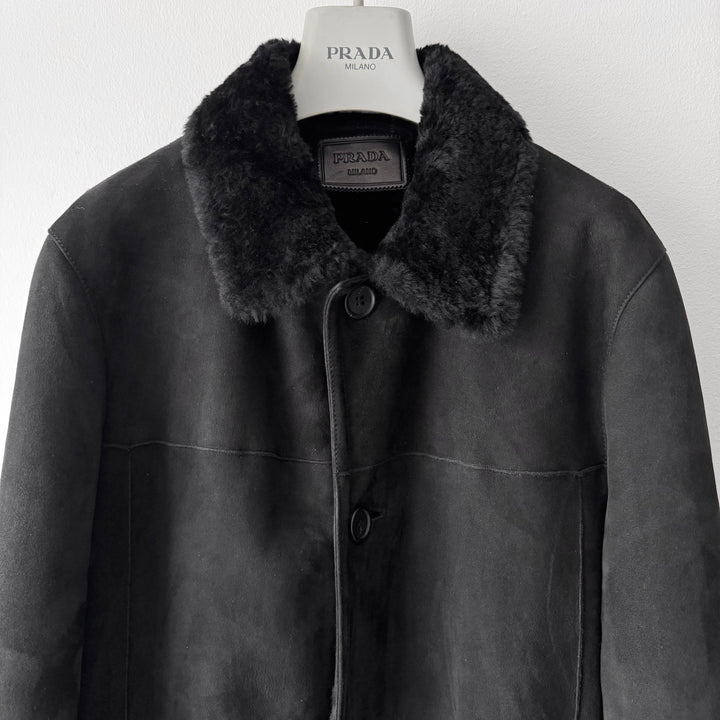 Prada FW2011 Black Sheep Shearling Leather Short Car Coat