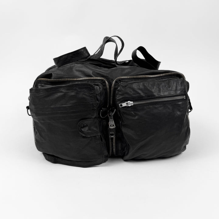 Ann Demeulemeester 2000’s Black Leather Multi-Zip Compartment Crossbody Duffle Bag