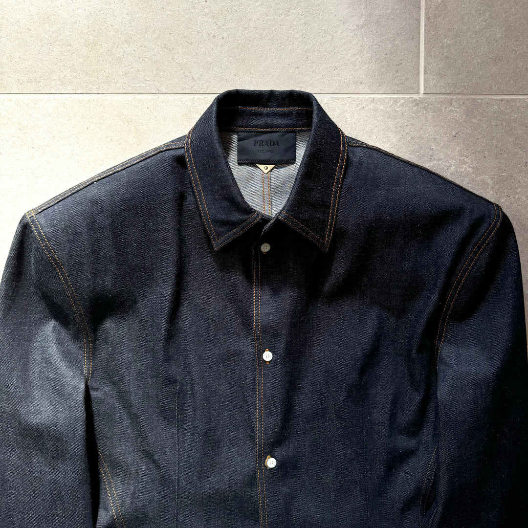 Prada SS24 Runway Padded Shoulder Indigo Logo Denim Jacket